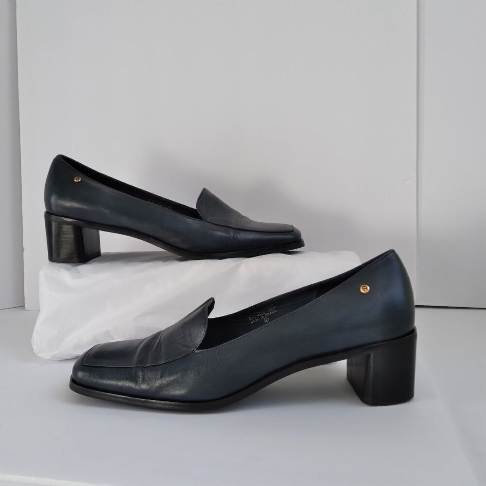 Stylish 90's Navy Leather 'Status' Slip On Square Toe Block Heel Shoes Sz 8.5 - Picture 9 of 10